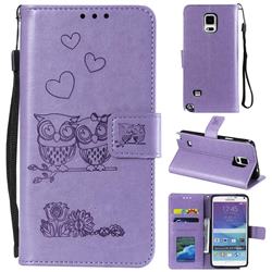 Embossing Owl Couple Flower Leather Wallet Case for Samsung Galaxy Note 4 - Purple