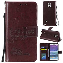 Embossing Owl Couple Flower Leather Wallet Case for Samsung Galaxy Note 4 - Brown