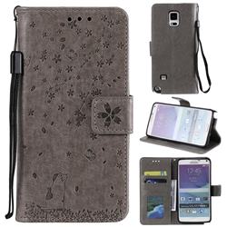 Embossing Cherry Blossom Cat Leather Wallet Case for Samsung Galaxy Note 4 - Gray