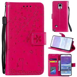 Embossing Cherry Blossom Cat Leather Wallet Case for Samsung Galaxy Note 4 - Rose
