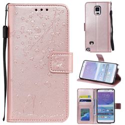 Embossing Cherry Blossom Cat Leather Wallet Case for Samsung Galaxy Note 4 - Rose Gold