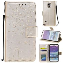 Embossing Cherry Blossom Cat Leather Wallet Case for Samsung Galaxy Note 4 - Golden