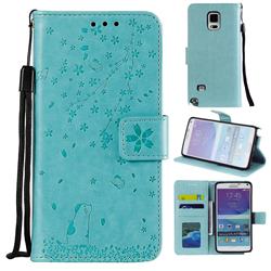 Embossing Cherry Blossom Cat Leather Wallet Case for Samsung Galaxy Note 4 - Green