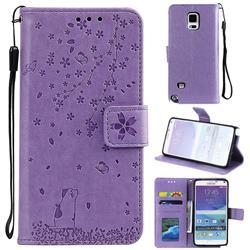Embossing Cherry Blossom Cat Leather Wallet Case for Samsung Galaxy Note 4 - Purple