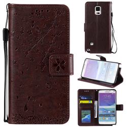 Embossing Cherry Blossom Cat Leather Wallet Case for Samsung Galaxy Note 4 - Brown