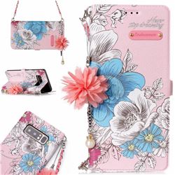 Pink Blue Rose Endeavour Florid Pearl Flower Pendant Metal Strap PU Leather Wallet Case for Samsung Galaxy Note 8