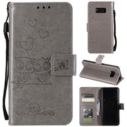 Embossing Owl Couple Flower Leather Wallet Case for Samsung Galaxy Note 8 - Gray