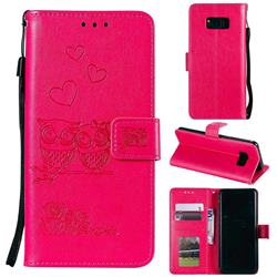 Embossing Owl Couple Flower Leather Wallet Case for Samsung Galaxy Note 8 - Red