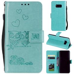 Embossing Owl Couple Flower Leather Wallet Case for Samsung Galaxy Note 8 - Green