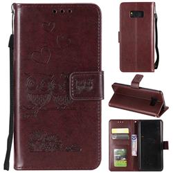 Embossing Owl Couple Flower Leather Wallet Case for Samsung Galaxy Note 8 - Brown