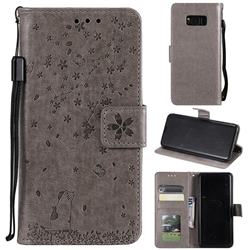Embossing Cherry Blossom Cat Leather Wallet Case for Samsung Galaxy Note 8 - Gray