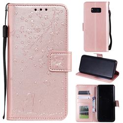 Embossing Cherry Blossom Cat Leather Wallet Case for Samsung Galaxy Note 8 - Rose Gold
