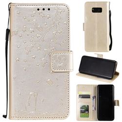 Embossing Cherry Blossom Cat Leather Wallet Case for Samsung Galaxy Note 8 - Golden