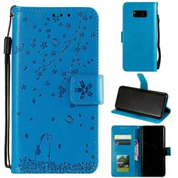 Embossing Cherry Blossom Cat Leather Wallet Case for Samsung Galaxy Note 8 - Blue