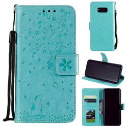 Embossing Cherry Blossom Cat Leather Wallet Case for Samsung Galaxy Note 8 - Green