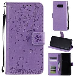 Embossing Cherry Blossom Cat Leather Wallet Case for Samsung Galaxy Note 8 - Purple