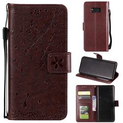 Embossing Cherry Blossom Cat Leather Wallet Case for Samsung Galaxy Note 8 - Brown
