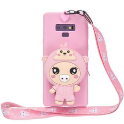Pink Pig Neck Lanyard Zipper Wallet Silicone Case for Samsung Galaxy Note9