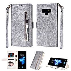 Glitter Shine Leather Zipper Wallet Phone Case for Samsung Galaxy Note9 - Silver