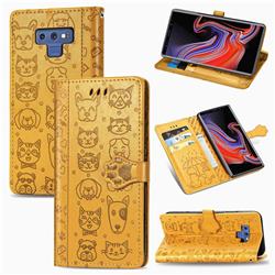 Embossing Dog Paw Kitten and Puppy Leather Wallet Case for Samsung Galaxy Note9 - Yellow