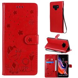 Embossing Bee and Cat Leather Wallet Case for Samsung Galaxy Note9 - Red