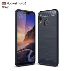 Luxury Carbon Fiber Brushed Wire Drawing Silicone TPU Back Cover for Huawei Nova 3 - Navy