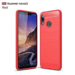 Luxury Carbon Fiber Brushed Wire Drawing Silicone TPU Back Cover for Huawei Nova 3 - Red