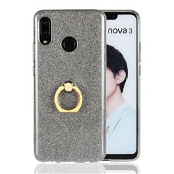 Luxury Soft TPU Glitter Back Ring Cover with 360 Rotate Finger Holder Buckle for Huawei Nova 3 - Black