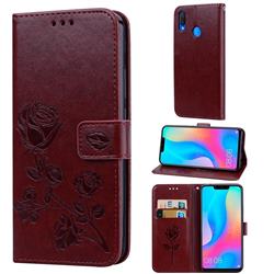 Embossing Rose Flower Leather Wallet Case for Huawei Nova 3 - Brown