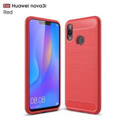 Luxury Carbon Fiber Brushed Wire Drawing Silicone TPU Back Cover for Huawei Nova 3i - Red