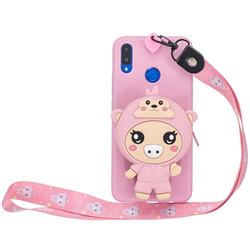 Pink Pig Neck Lanyard Zipper Wallet Silicone Case for Huawei Nova 3i