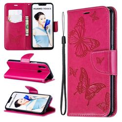 Embossing Double Butterfly Leather Wallet Case for Huawei Nova 3i - Red
