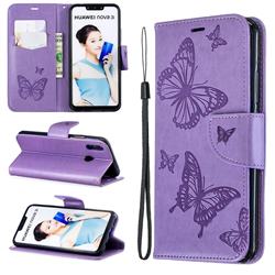 Embossing Double Butterfly Leather Wallet Case for Huawei Nova 3i - Purple