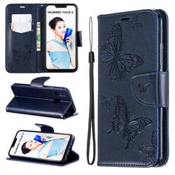 Embossing Double Butterfly Leather Wallet Case for Huawei Nova 3i - Dark Blue