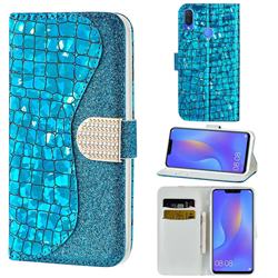 Glitter Diamond Buckle Laser Stitching Leather Wallet Phone Case for Huawei Nova 3i - Blue