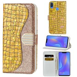 Glitter Diamond Buckle Laser Stitching Leather Wallet Phone Case for Huawei Nova 3i - Gold