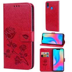Embossing Rose Flower Leather Wallet Case for Huawei Nova 3i - Red
