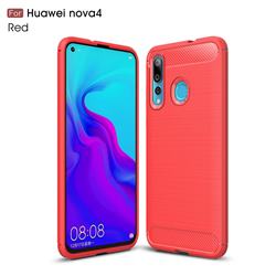 Luxury Carbon Fiber Brushed Wire Drawing Silicone TPU Back Cover for Huawei nova 4 - Red