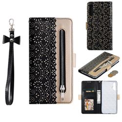 Luxury Lace Zipper Stitching Leather Phone Wallet Case for Huawei Nova 5 / Nova 5 Pro - Black