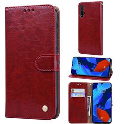 Luxury Retro Oil Wax PU Leather Wallet Phone Case for Huawei Nova 5 / Nova 5 Pro - Brown Red