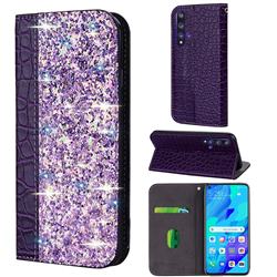 Shiny Crocodile Pattern Stitching Magnetic Closure Flip Holster Shockproof Phone Case for Huawei nova 5T - Purple