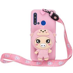 Pink Pig Neck Lanyard Zipper Wallet Silicone Case for Huawei nova 5i
