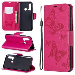 Embossing Double Butterfly Leather Wallet Case for Huawei nova 5i - Red
