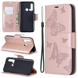 Embossing Double Butterfly Leather Wallet Case for Huawei nova 5i - Rose Gold