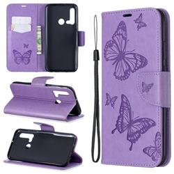 Embossing Double Butterfly Leather Wallet Case for Huawei nova 5i - Purple