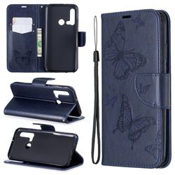 Embossing Double Butterfly Leather Wallet Case for Huawei nova 5i - Dark Blue