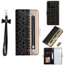 Luxury Lace Zipper Stitching Leather Phone Wallet Case for Huawei nova 5i - Black