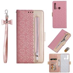 Luxury Lace Zipper Stitching Leather Phone Wallet Case for Huawei nova 5i - Pink