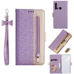 Luxury Lace Zipper Stitching Leather Phone Wallet Case for Huawei nova 5i - Purple