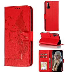 Intricate Embossing Lychee Feather Bird Leather Wallet Case for Huawei nova 6 - Red
